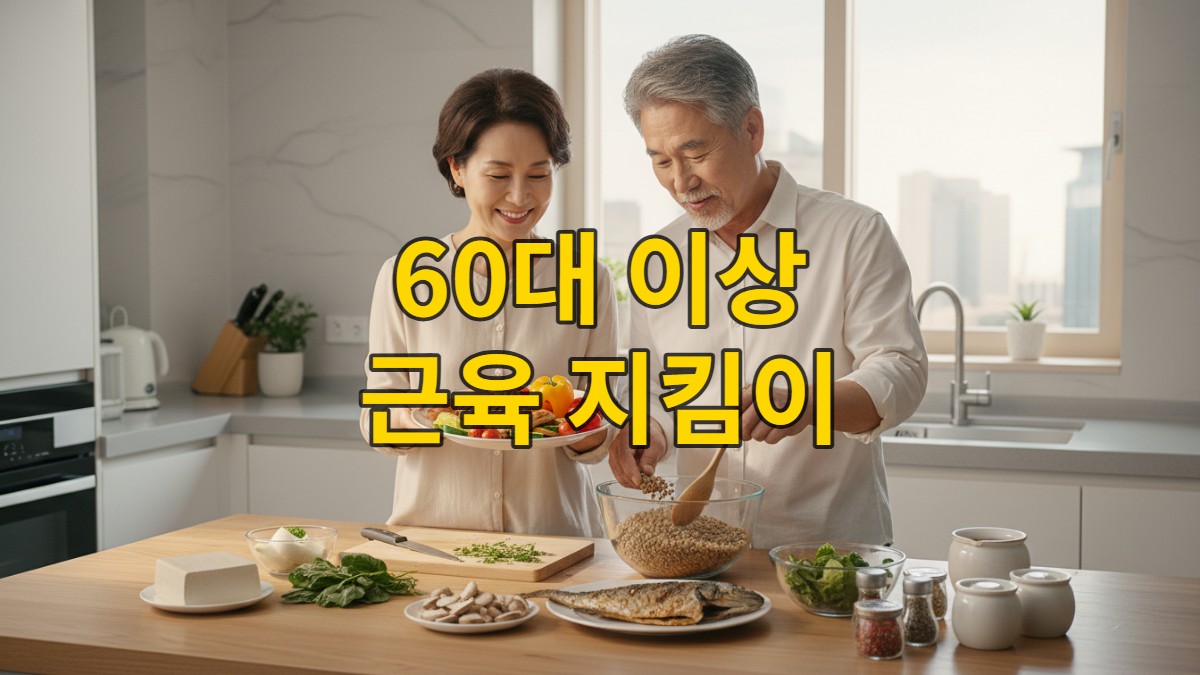 2026년 초고령사회에 맞춰 건강한 단백질 식단을 준비하는 60대 이상 시니어 부부의 활기찬 모습