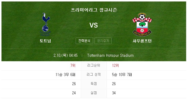 토트넘 사우스햄튼 프리미어리그 22라운드 경기 일정