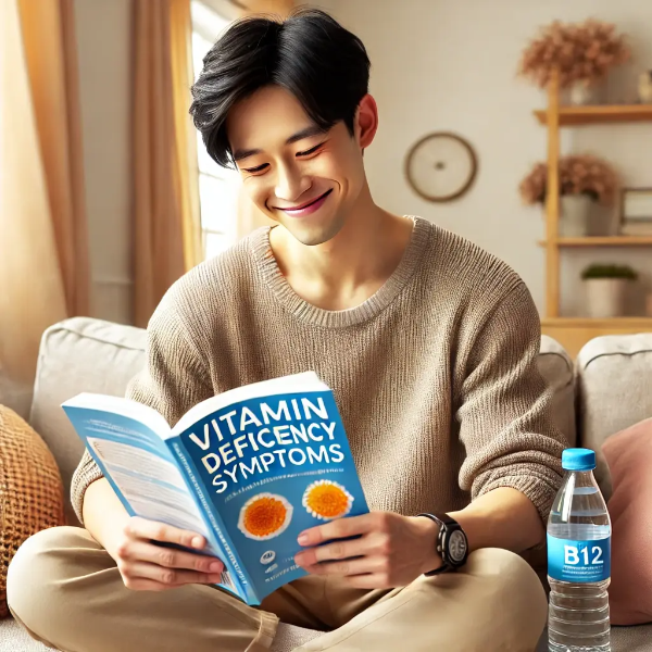 비타민 안내서를 보며 회복 중인 동양인 남성