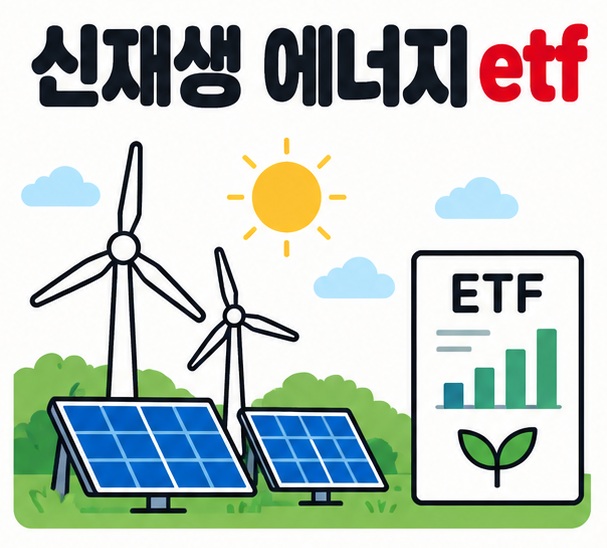 풍력발전기와 태양광 패널, ETF 차트 아이콘 옆에 신재생 에너지 etf 문구를 크게 보여주는 대표 카드