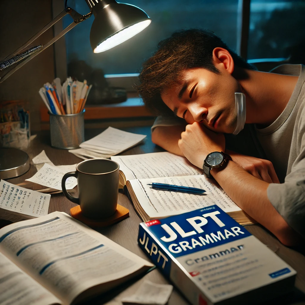 밤늦게 문법 공부로 지친 학생