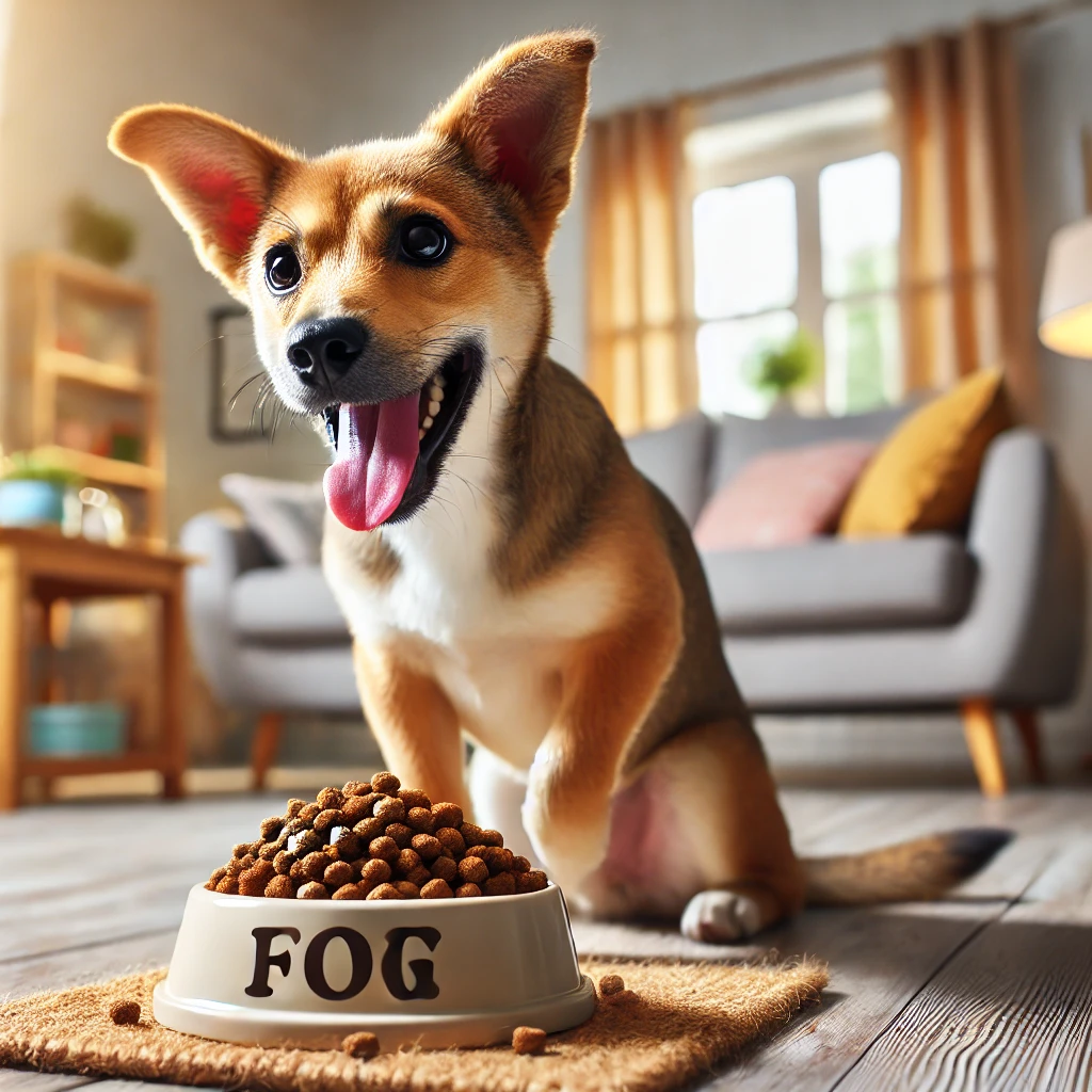 강아지가 신나게 고양이 사료를 먹는 모습