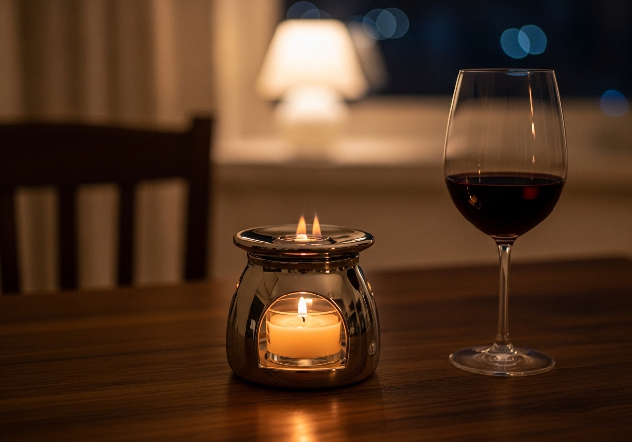 로맨틱한 분위기를 연출하는 캔들 워머와 와인잔