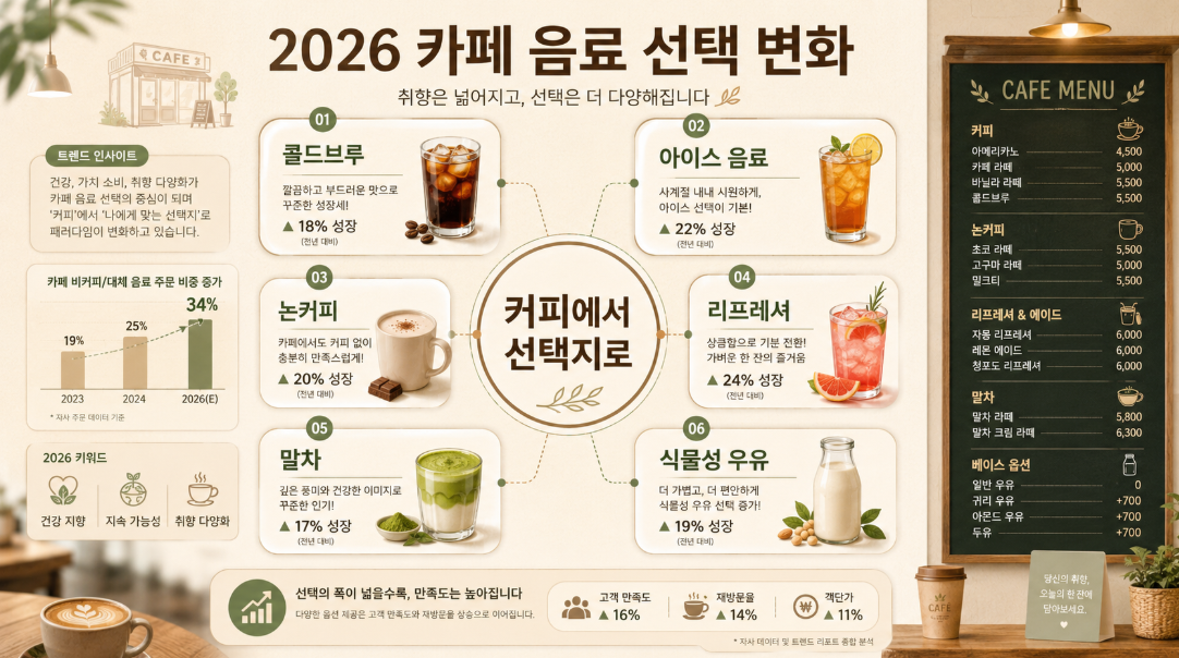 2026 카페 음료 선택지가 콜드브루와 논커피, 리프레셔로 확장되는 흐름을 보여주는 인포그래픽