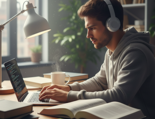 공부하는 청년, 책상과 노트북, 집중하는 모습