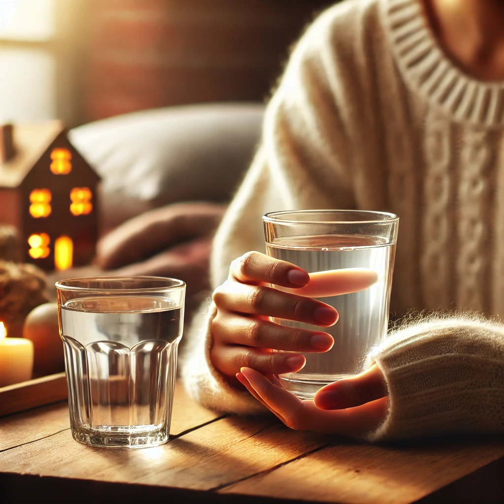 "따뜻한 물 한 잔을 손에 들고 아침의 아늑한 분위기 속에서 테이블에 앉아 있는 모습"