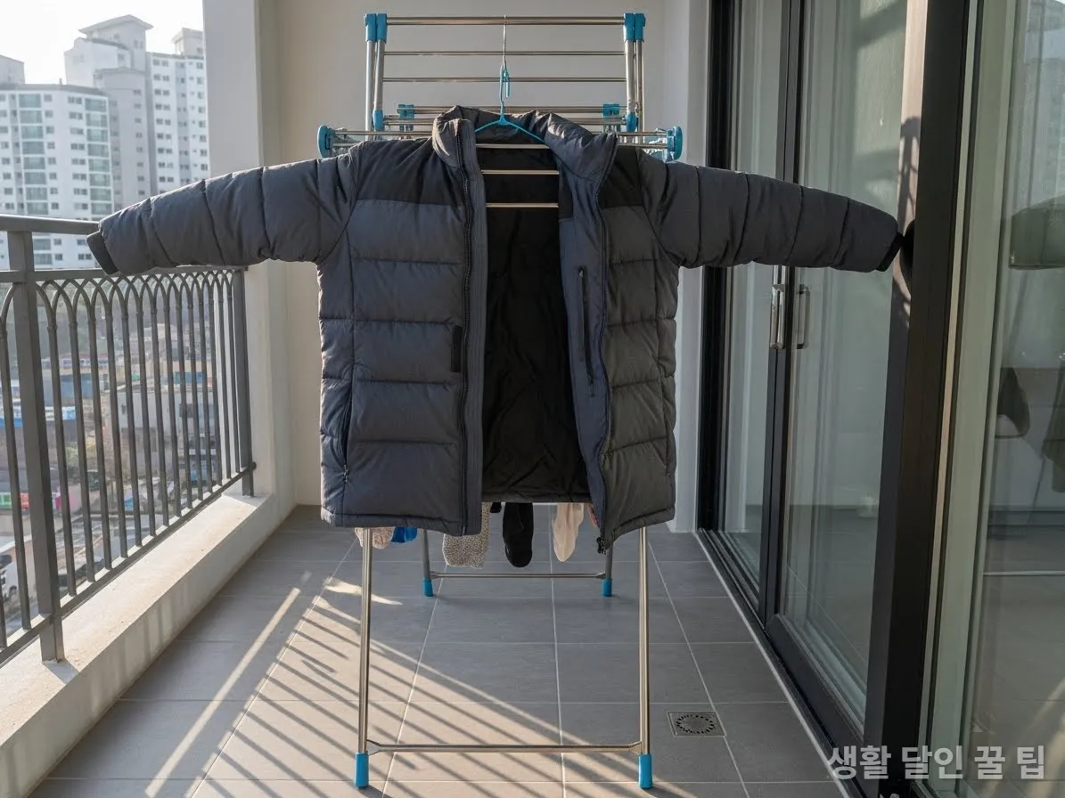 한국 아파트 베란다 건조대에 평평하게 눕혀서 건조 중인 패딩 점퍼
