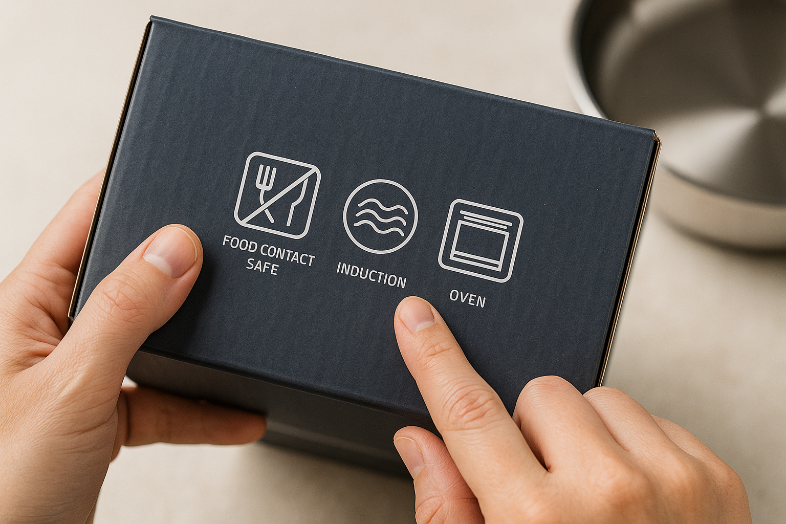 식품접촉 안전·인덕션·오븐 사용 아이콘이 있는 조리도구 박스를 확인하는 손