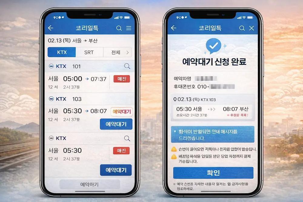 코레일톡 KTX 예약대기 신청 화면 예시