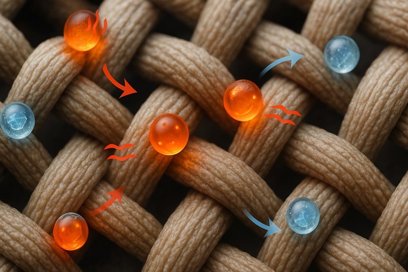 PCM 마이크로캡슐이 내장된 섬유 구조를 보여주는 현미경 클로즈업