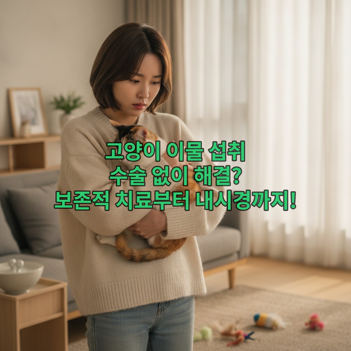 걱정스러운 표정으로 고양이를 안고 있는 젊은 한국인 여성 보호자, 고양이 이물 섭취로 인한 불안감을 표현하며 수의학적 도움을 구하는 모습.