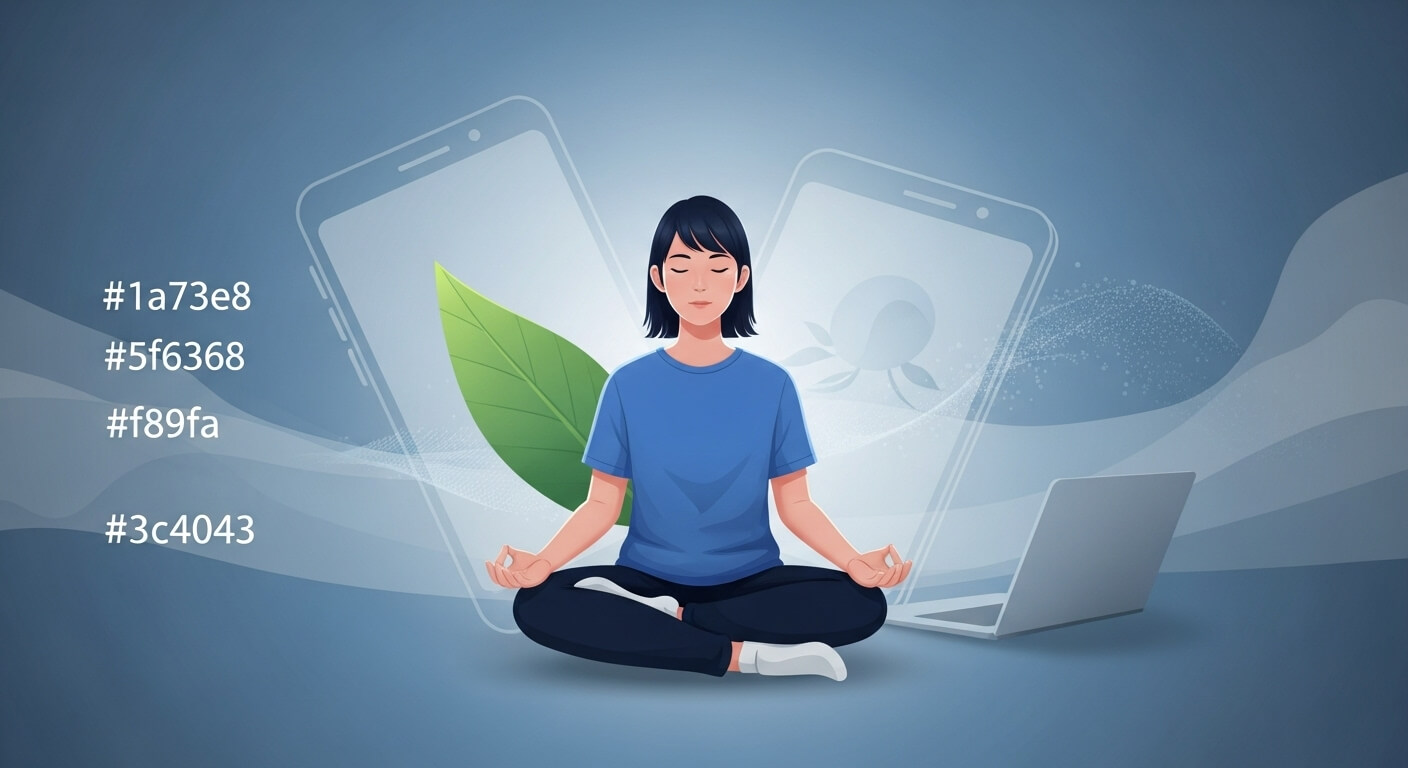 디지털 기기들 속에서 평온하게 명상하는 MZ세대 한국인의 모습. 불안에서 벗어나 평온을 찾는 마음챙김을 상징합니다.