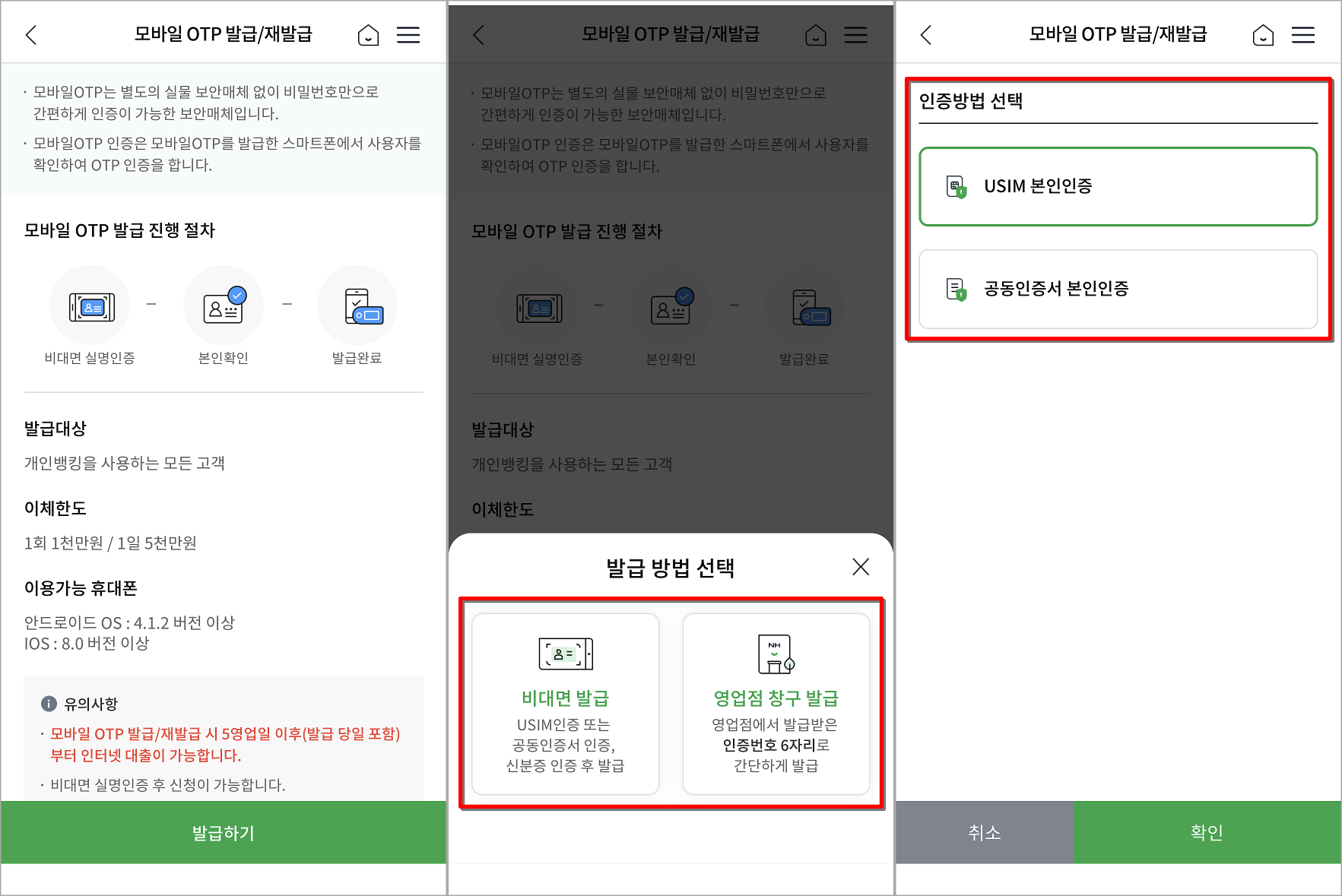 발급하기를 선택한 뒤, 발급 방법을 선택하고, 인증방법을 선택하여 인증 진행