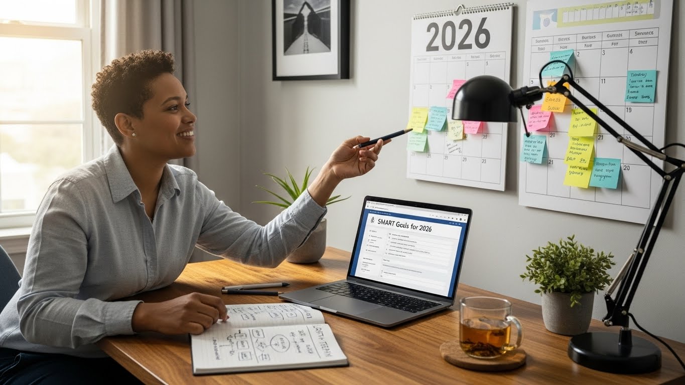 2026년 새해를 위해 스마트 목표를 세우며 번아웃 없는 계획을 세우는 사람