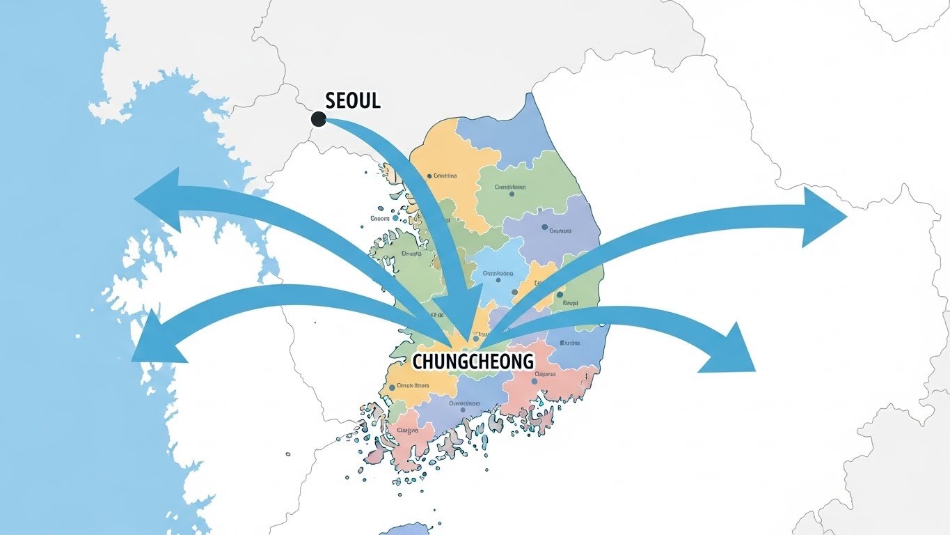 수도권에서 충청권으로 이동하는 쓰레기 운송 경로를 시각화한 그래픽