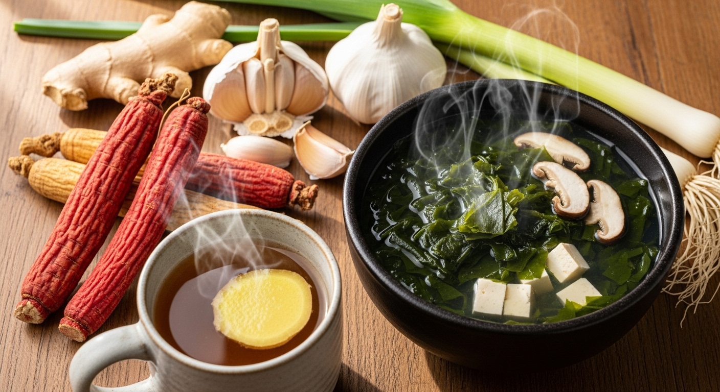 생강차, 홍삼, 마늘, 부추, 미역국 등 몸을 따뜻하게 해주는 다양한 음식들이 나무 식탁 위에 정갈하게 놓여있는 모습