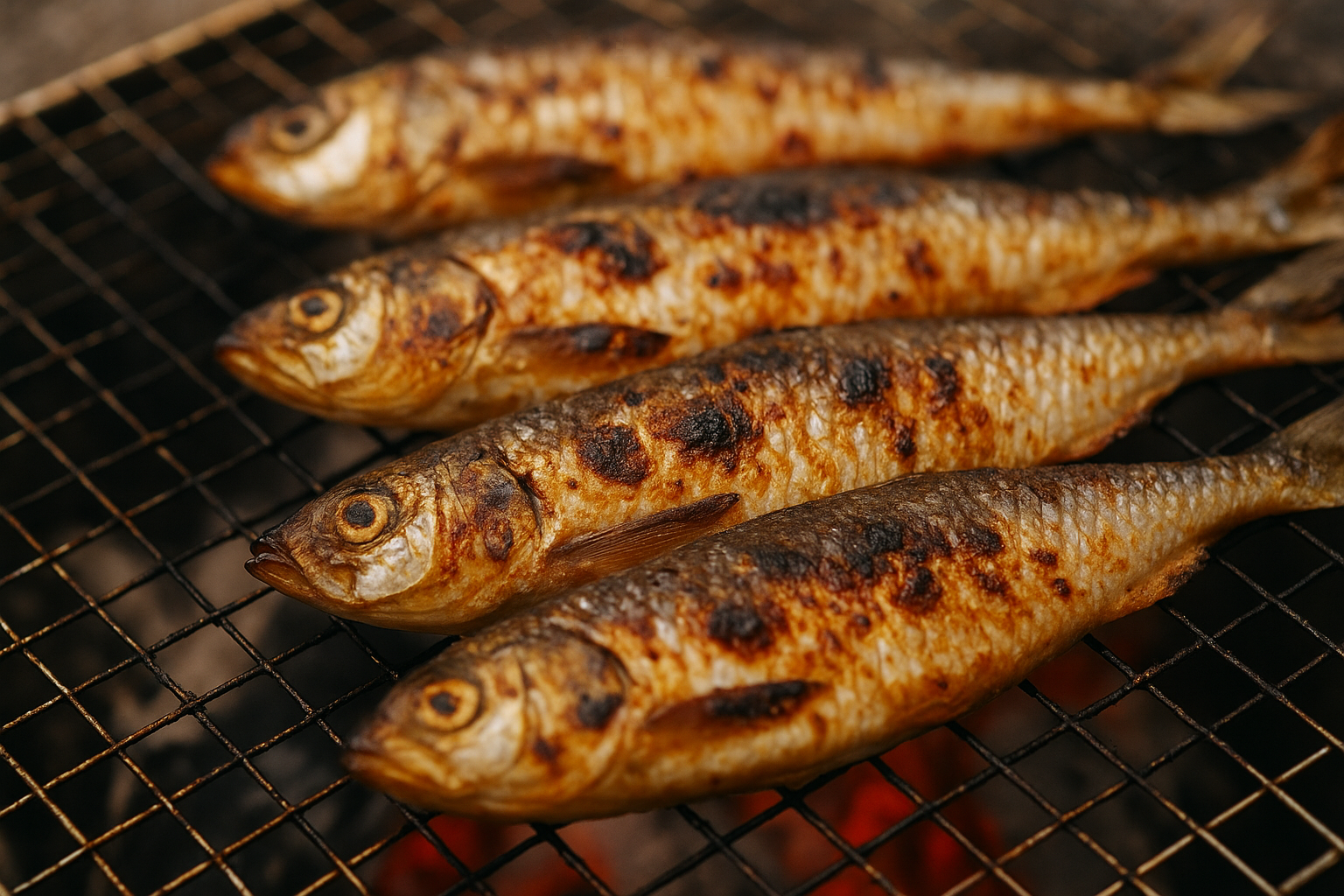 숯불 위에서 노릇하게 구워지는 전어(Jeoneo, Korean gizzard shad) 실사 이미지. 황금빛으로 익은 전어가 불빛에 윤기를 내며, 은은한 연기와 함께 가을 저녁의 따뜻한 분위기를 자아냄.