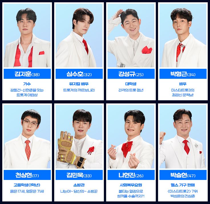 미스터트롯3 참가자 김지훈, 심수호, 강성규, 박형근, 천상현, 김민욱, 나현진, 박승현의 사진과 직업 및 특징이 적혀있다.
