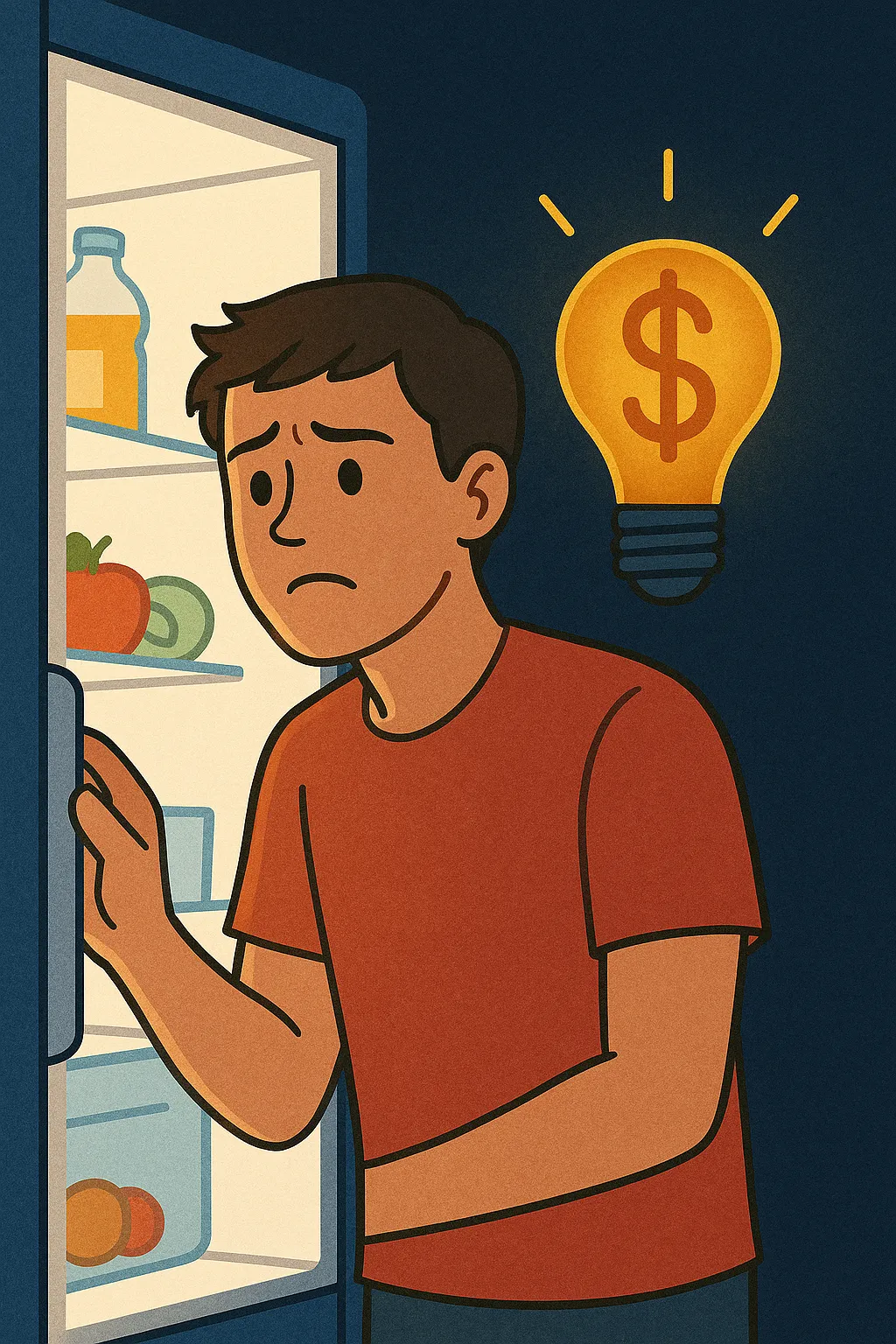 냉장고-문을-열며-전기세를-걱정하는-남성의-표정을-담은-일러스트-이미지