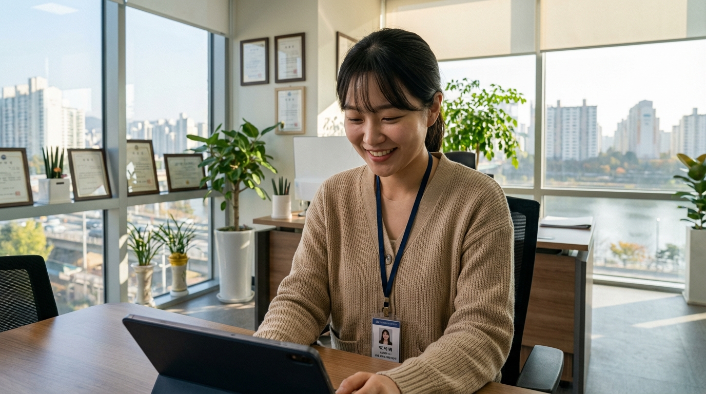 2026년형 사무실에서 업무를 보고 있는 전문적인 한국 재가요양 사회복지사의 모습