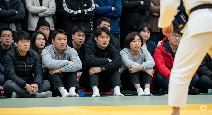 매트 바로 앞에서 경기를 관람하는 관중