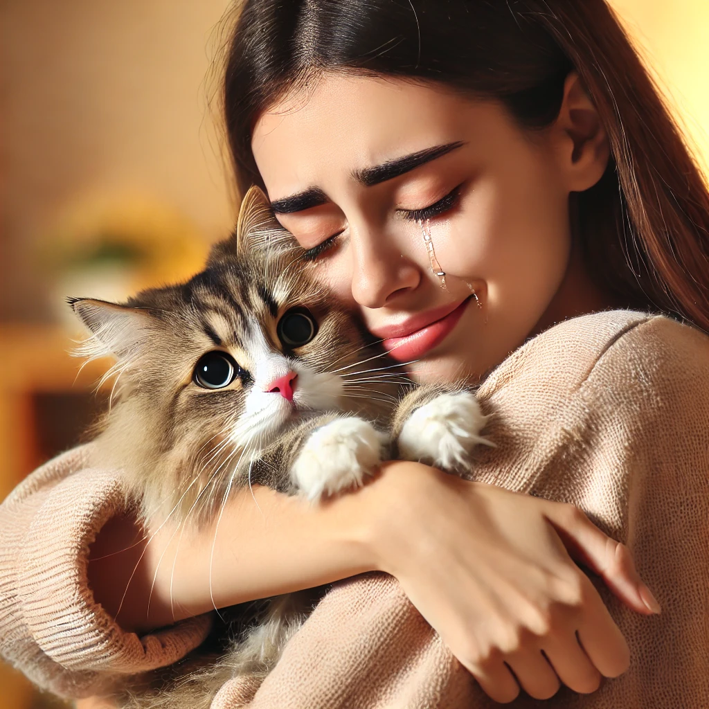 고양이를 되 찾아 기뻐하는 고양이 주인