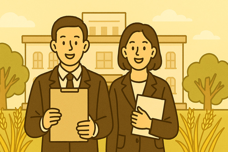 공공기관 건물 앞에서 밝은 표정으로 서류를 들고 있는 정장 차림의 남성과 여성 일러스트