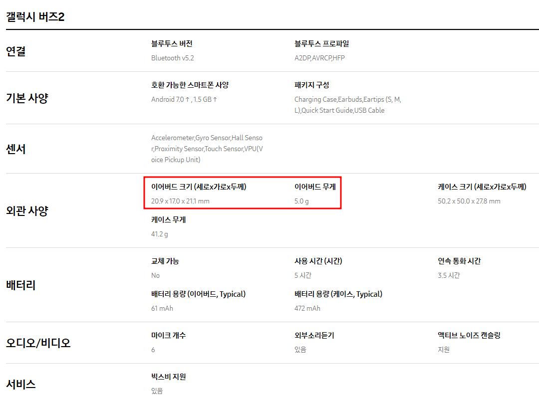 버즈2 스펙 시트