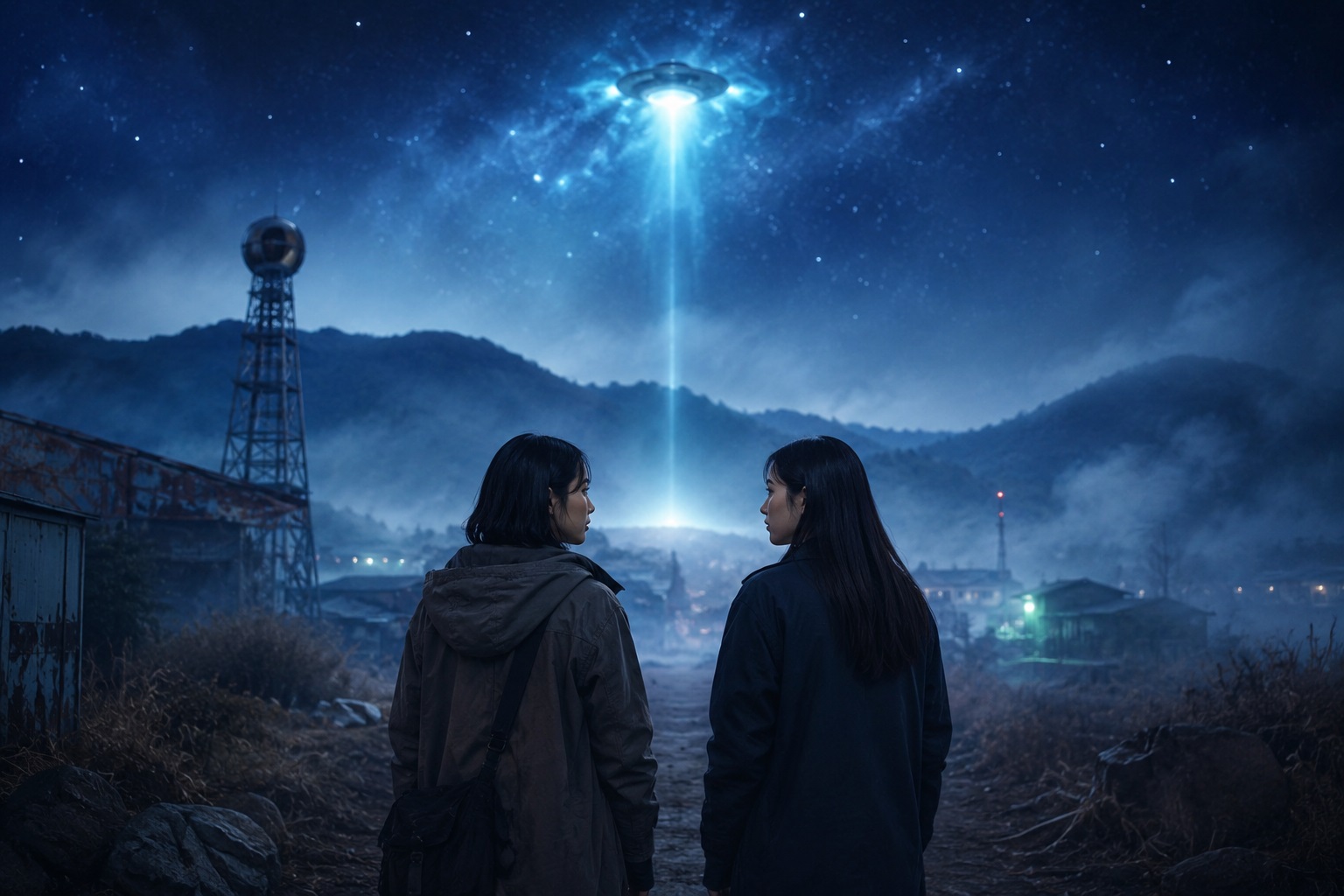 넷플릭스 글리치의 UFO와 두 여성 인물이 등장하는 미스터리 분위기의 이미지