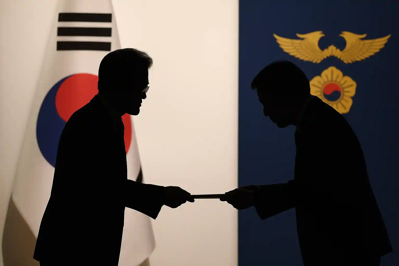 태극기와 대통령 휘장 앞에서 임명장을 주고받는 두 인물의 실루엣 장면