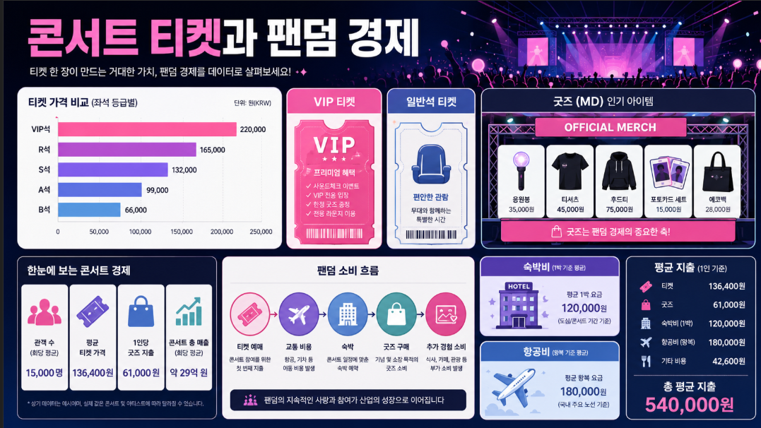 K-팝 콘서트 티켓 가격과 팬덤 경제 구조를 설명하는 데이터 이미지