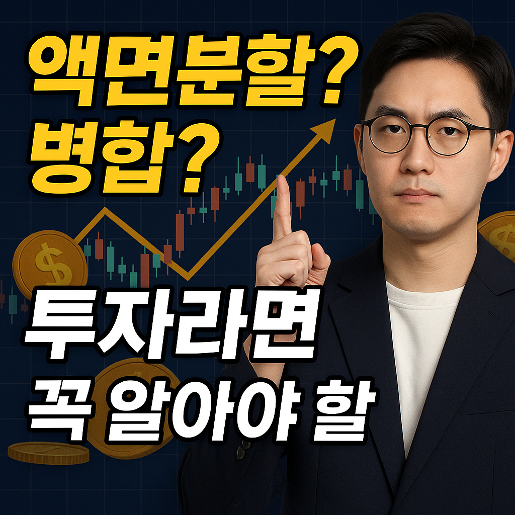 정장을 입은 남성이 주식 차트 앞에서 액면분할과 병합에 대해 설명하는 모습