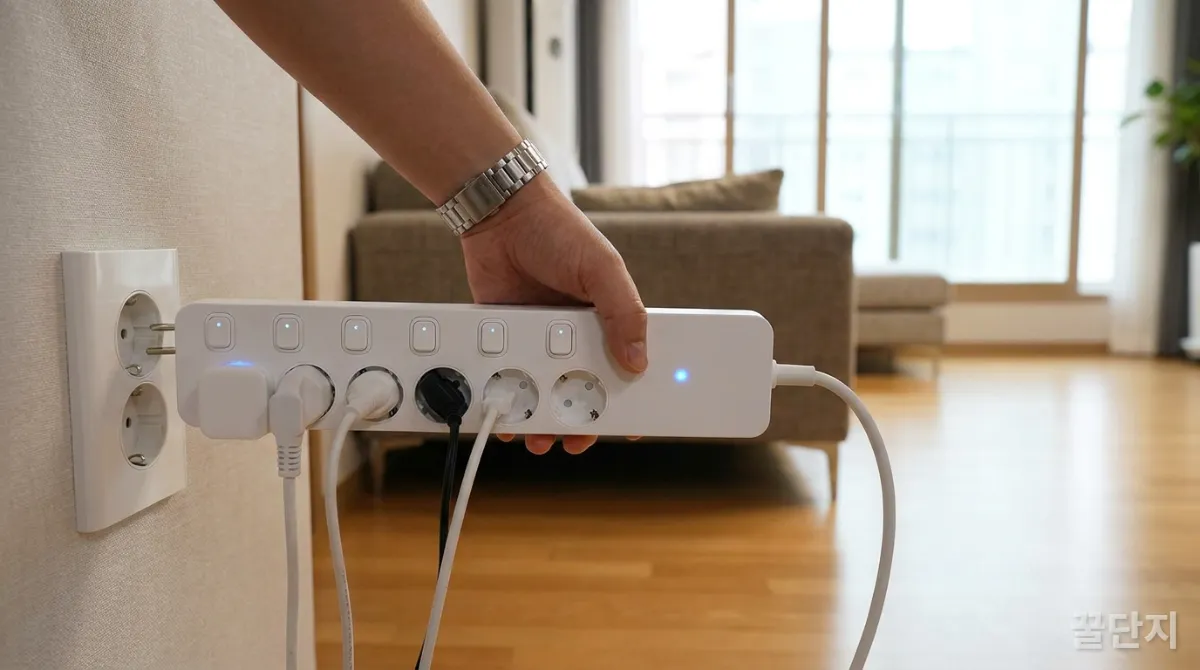 벽면 콘센트에 스마트 멀티탭을 연결하는 손의 클로즈업