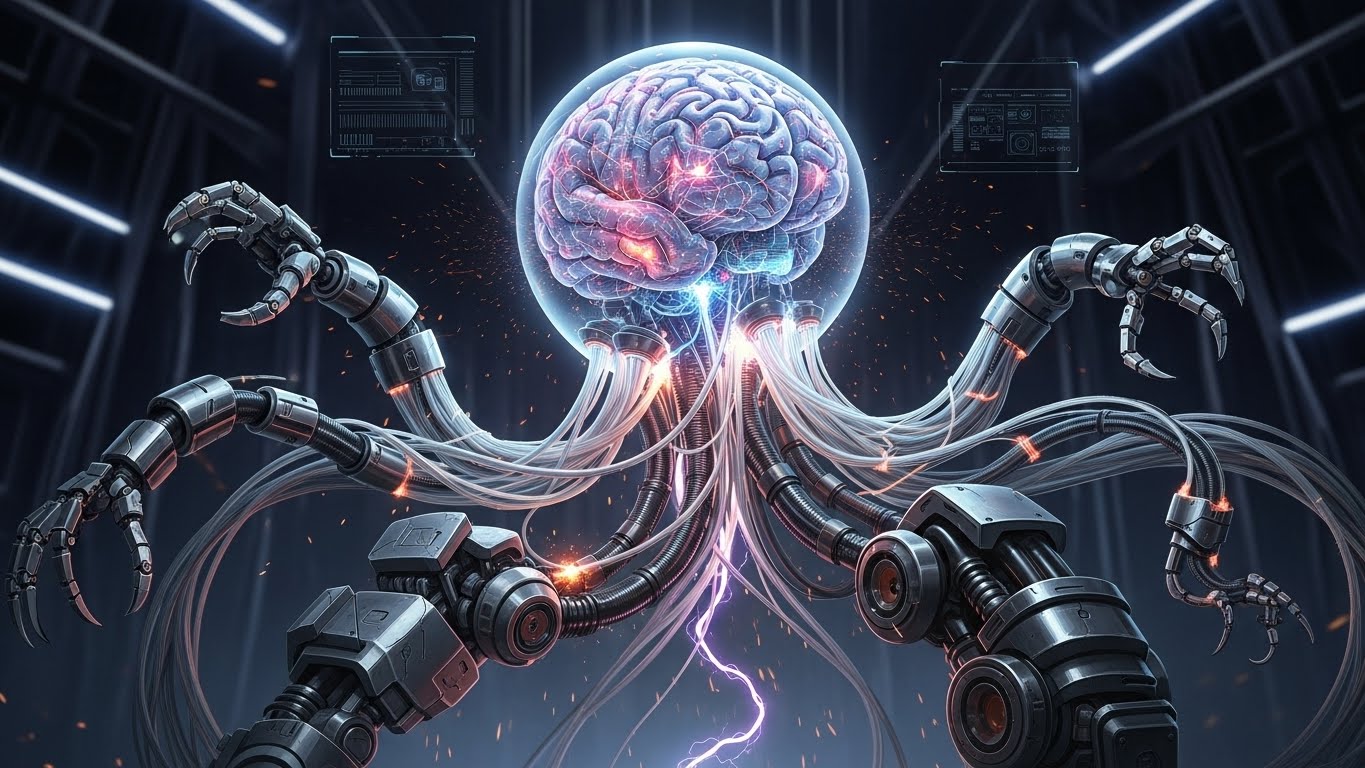 Concept art of a robot brain connecting to mechanical limbs, illustrating the 'Mind meets Body' concept.