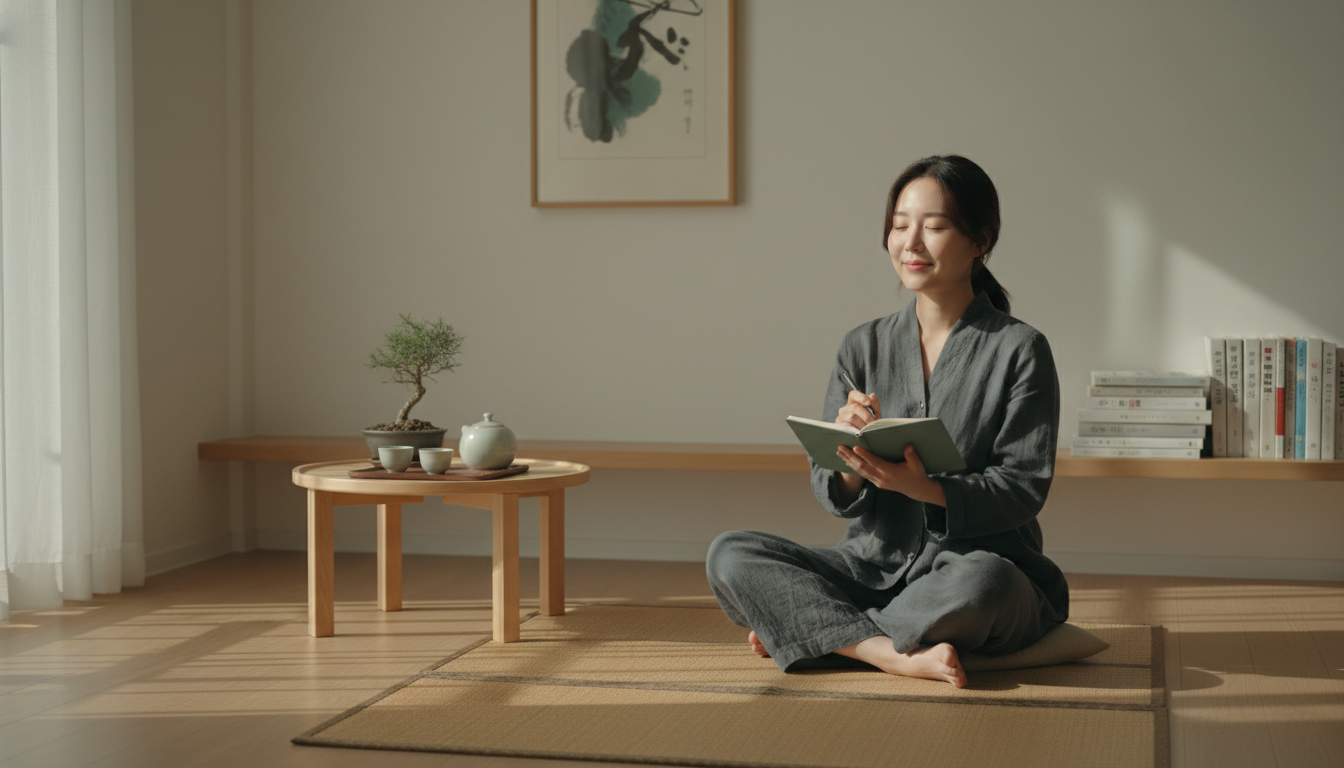 조용한 공간에서 자신을 돌아보며 평화롭게 자기돌봄을 하는 현대 한국인의 모습.