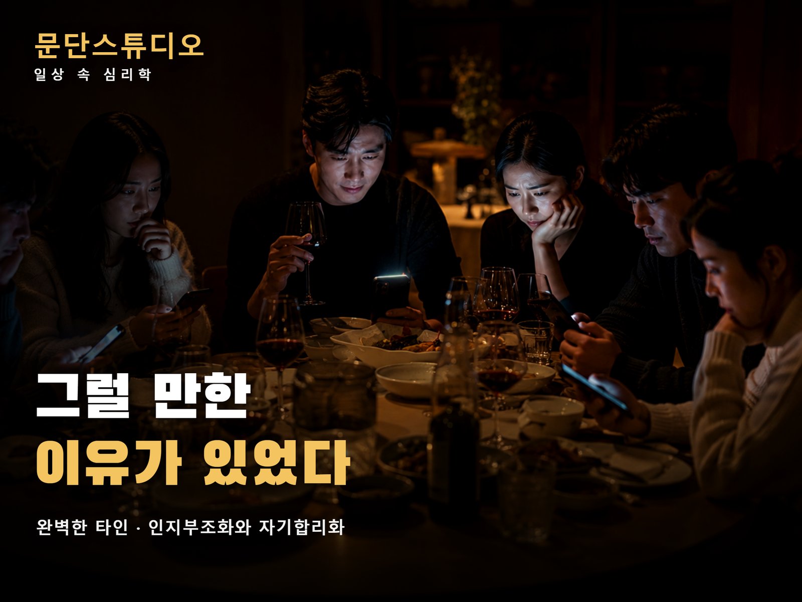 휴대폰을 테이블 위에 올려두고 저녁 식사를 하는 다섯 사람의 모습, 인지부조화와 자기합리화를 다룬 완벽한 타인 심리 해석 대표 이미지