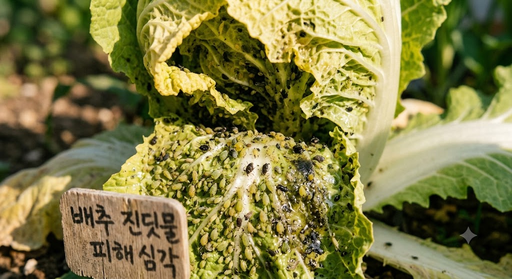 가을배추 속잎 뒤쪽에 빽빽하게 모여 흡즙하고 있는 진딧물과 잎의 변형 현상