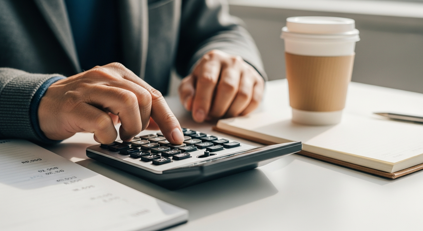 계산기를 사용하여 파킹통장 세후 실제 수령 이자 금액을 계산하고 있는 모습