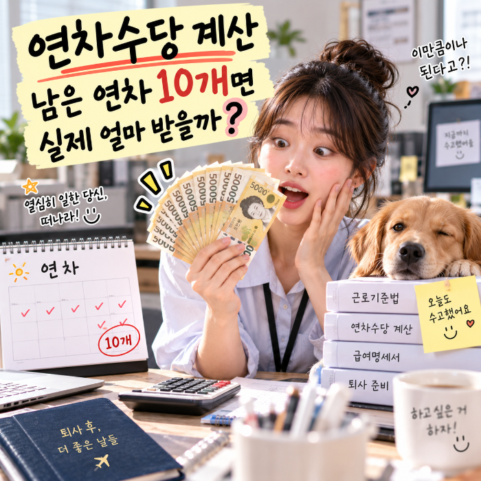연차수당 계산을 통해 남은 연차 10개의 실제 예상 수당이 얼마인지 확인하는 직장인 이미지
