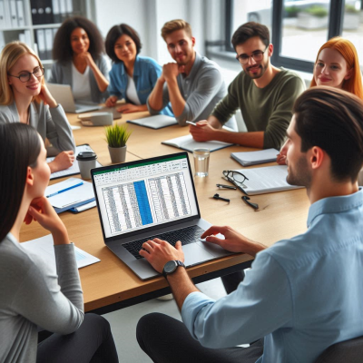 "회의 중 데이터 분석 화면을 보고 있는 다양한 사람들."