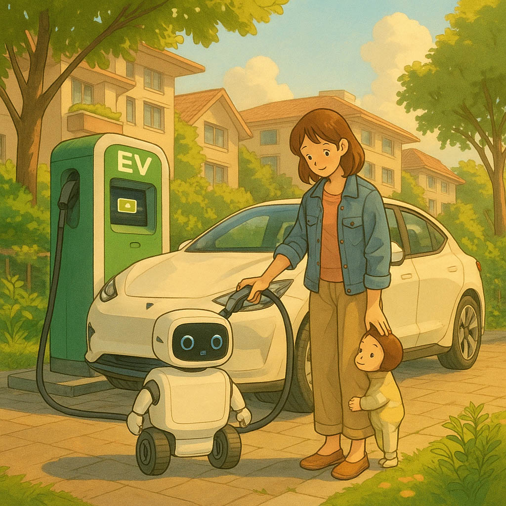 아파트 단지의 전기차 충전소에서 여성이 전기차를 충전하고, 어린아이가 여성 옆에 서 있으며 반려 로봇이 함께 있는 따뜻한 분위기의 일러스트