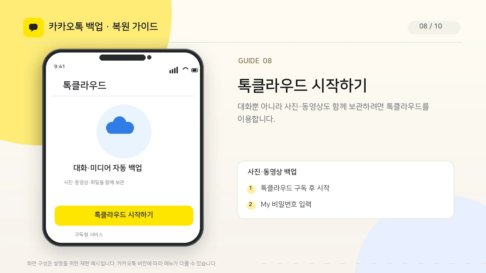 카카오톡 톡클라우드 구독 후 시작하기와 My 비밀번호 설정 UI 안내