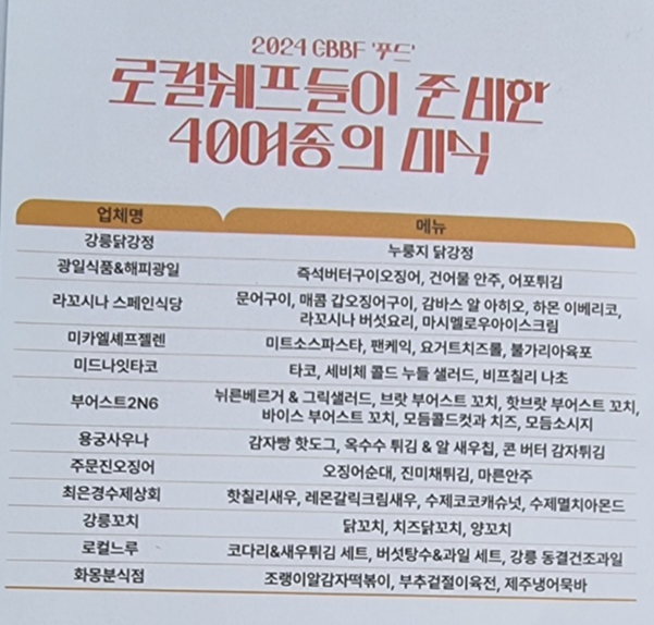 2024 GBBF '푸드'에 참가한 업체명과 40여종의 메뉴가 제시되어 있는 브로슈어 내용이다.