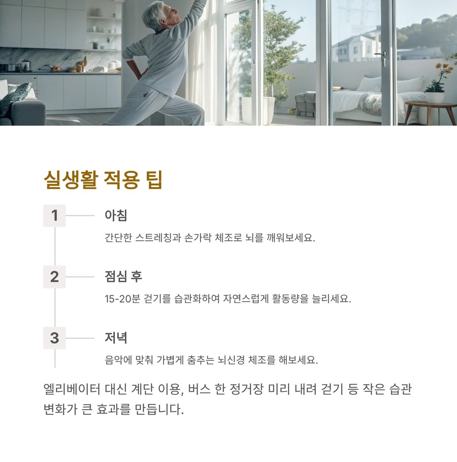 시니어를 위한 생활 속 건강 운동 및 실천 팁 인포그래픽