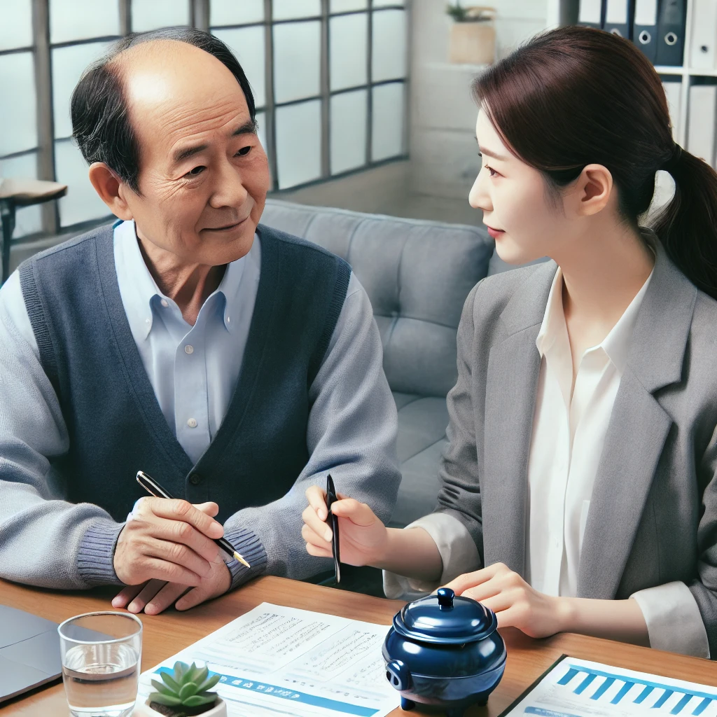 Korean citizen discussing pension plans with an advisor at a modern office.
