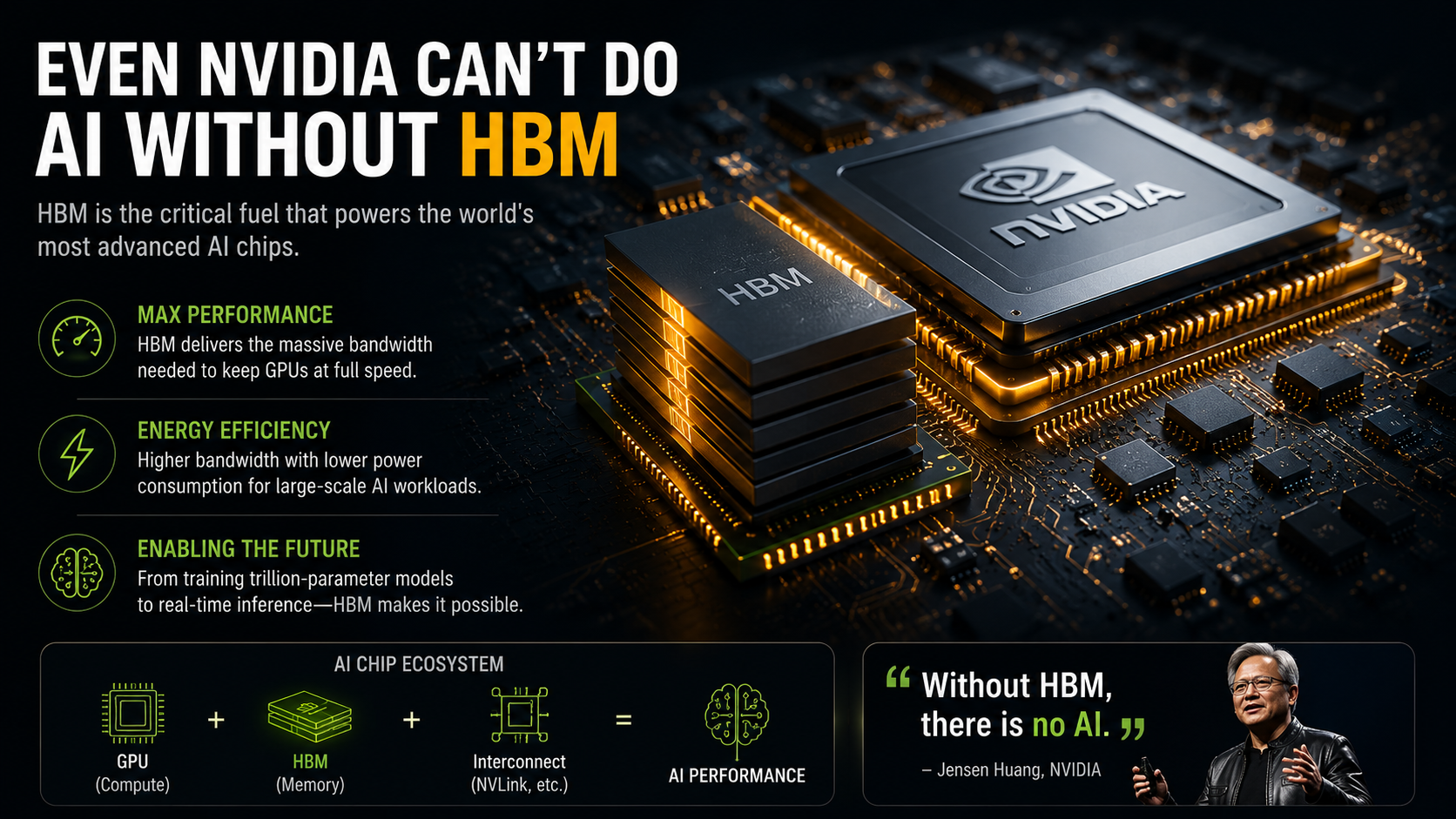 Advanced AI processor integrated with HBM memory powering modern artificial intelligence workloads and data centers
