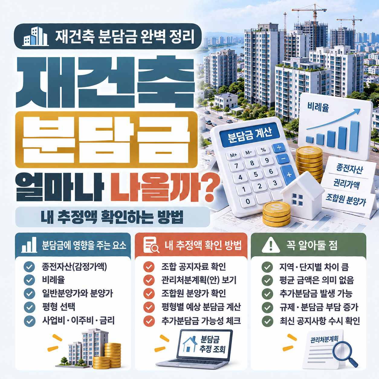 재건축 아파트 단지 위에 분담금 계산식과 비례율 그래프가 표시된 이미지
