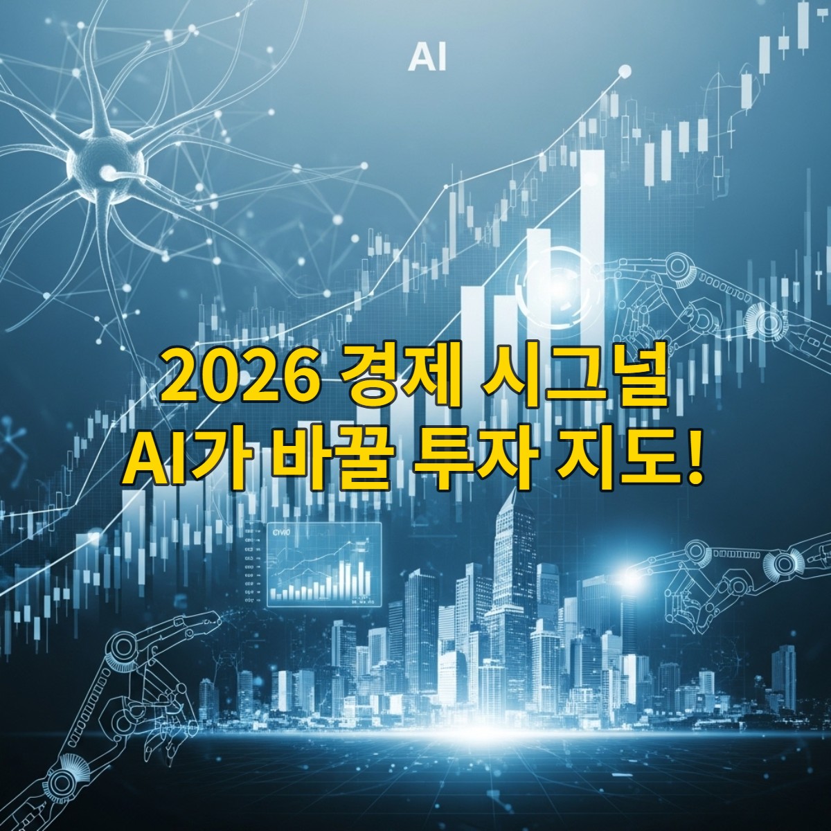 AI가 경제 지표와 자산 흐름에 영향을 미치는 모습을 시각화한 2026년 미래 경제 전망 이미지