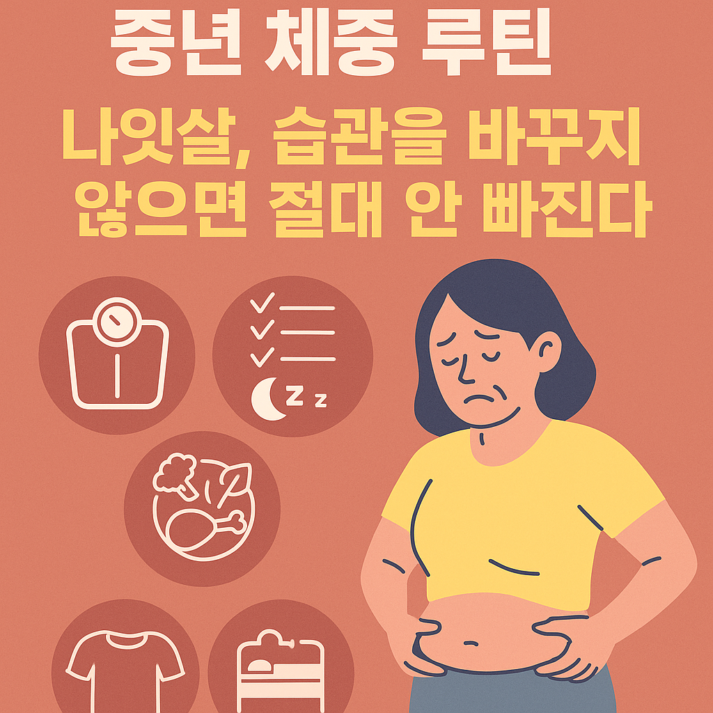 중년 여성과 남성이 체중계 대신 루틴 체크리스트를 보는 모습을 중심으로, 식단, 운동, 수면, 스트레칭 아이콘이 함께 배치된 인포그래픽 스타일 일러스트