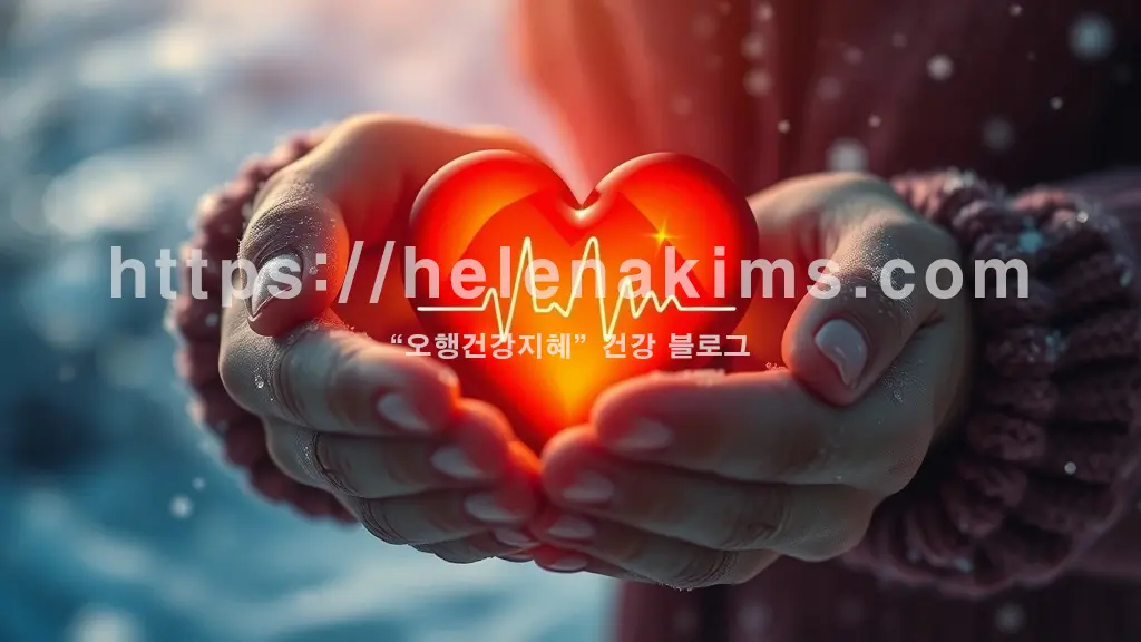 차가운 겨울 풍경 속에 두 손으로 따뜻하게 감싸 안은 듯한 심장이 희망적인 빛을 내고 있고, 심장 주변에는 생명의 박동을 나타내는 심박동 그래프의 모습.